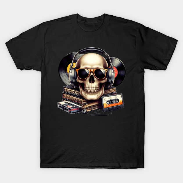 Skull head with headphones and sunglasses in a retro style. T-Shirt by EPDICAY